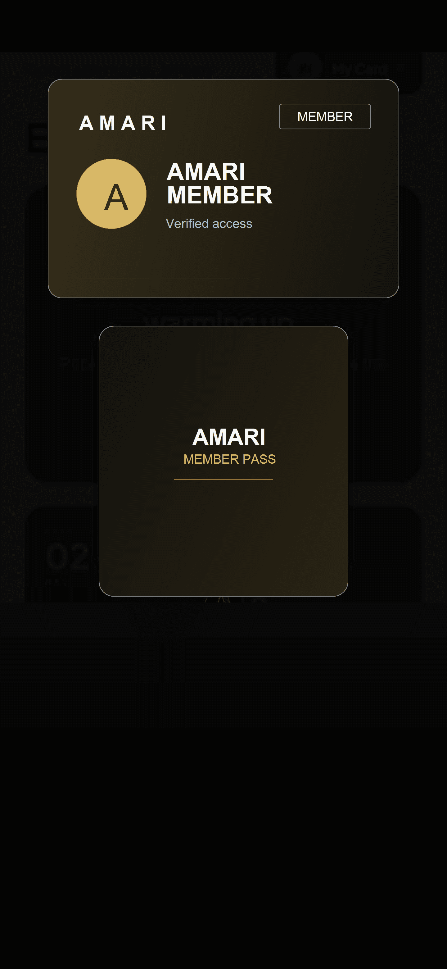 AMARI App membership screen with personal details removed