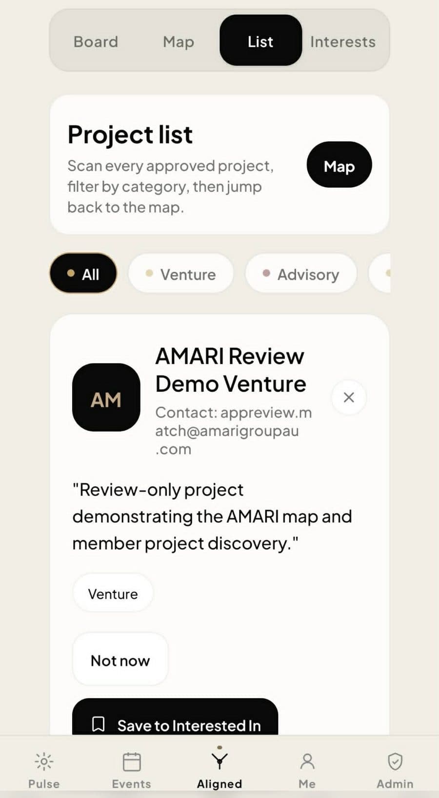 The Aligned screen in the AMARI app, listing approved projects that can be filtered by category.