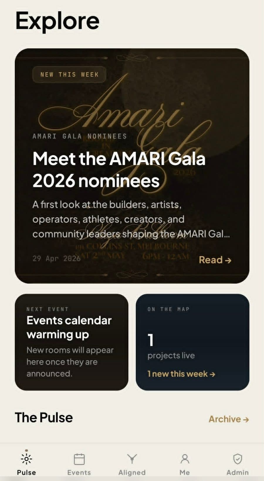 The Explore screen in the AMARI app, showing what is happening across the community.